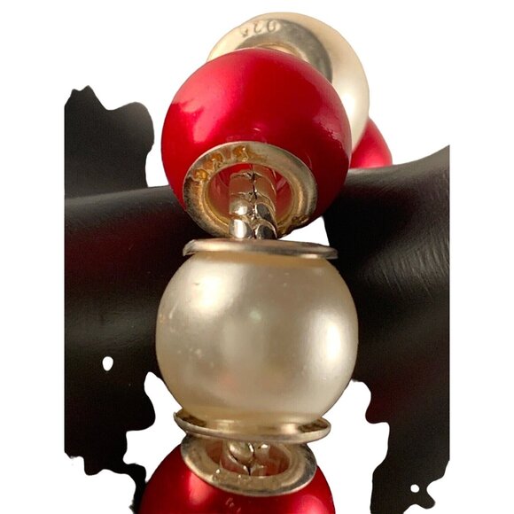 Silver Tone, Red And White Beaded Snake Chain Bracelet (5464) - Picture 4 of 4